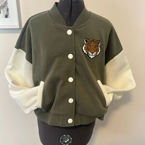 Kids Olive and Cream Tiger Patch Bomber Jacket